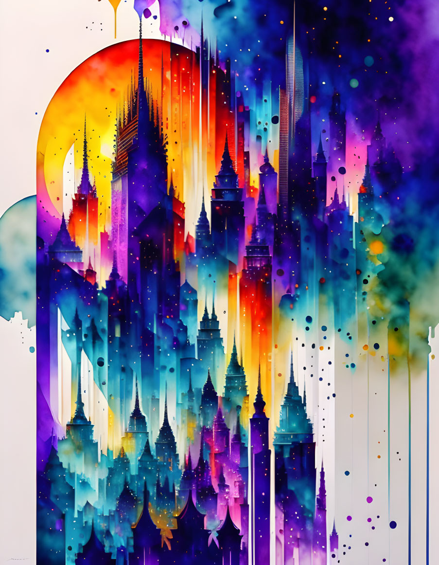 Colorful Watercolor Painting of Cityscape Blending with Cosmic Background