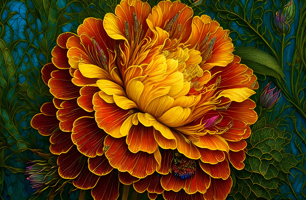 Colorful digital artwork: Layered orange and yellow flower with intricate patterns on a dark leafy background