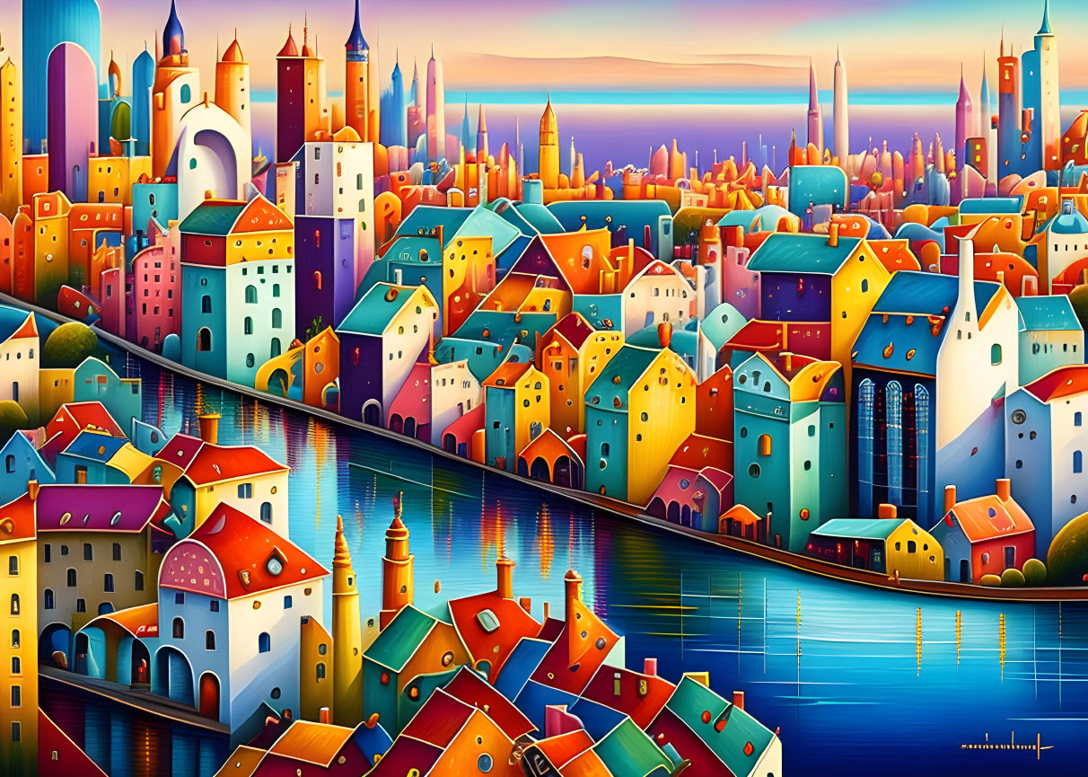 Colorful Cityscape with Stylized Buildings and Sunset Sky