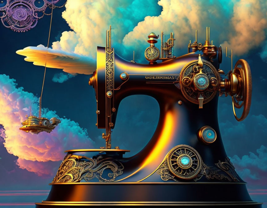 Steampunk-inspired sewing machine with intricate designs in dramatic sky