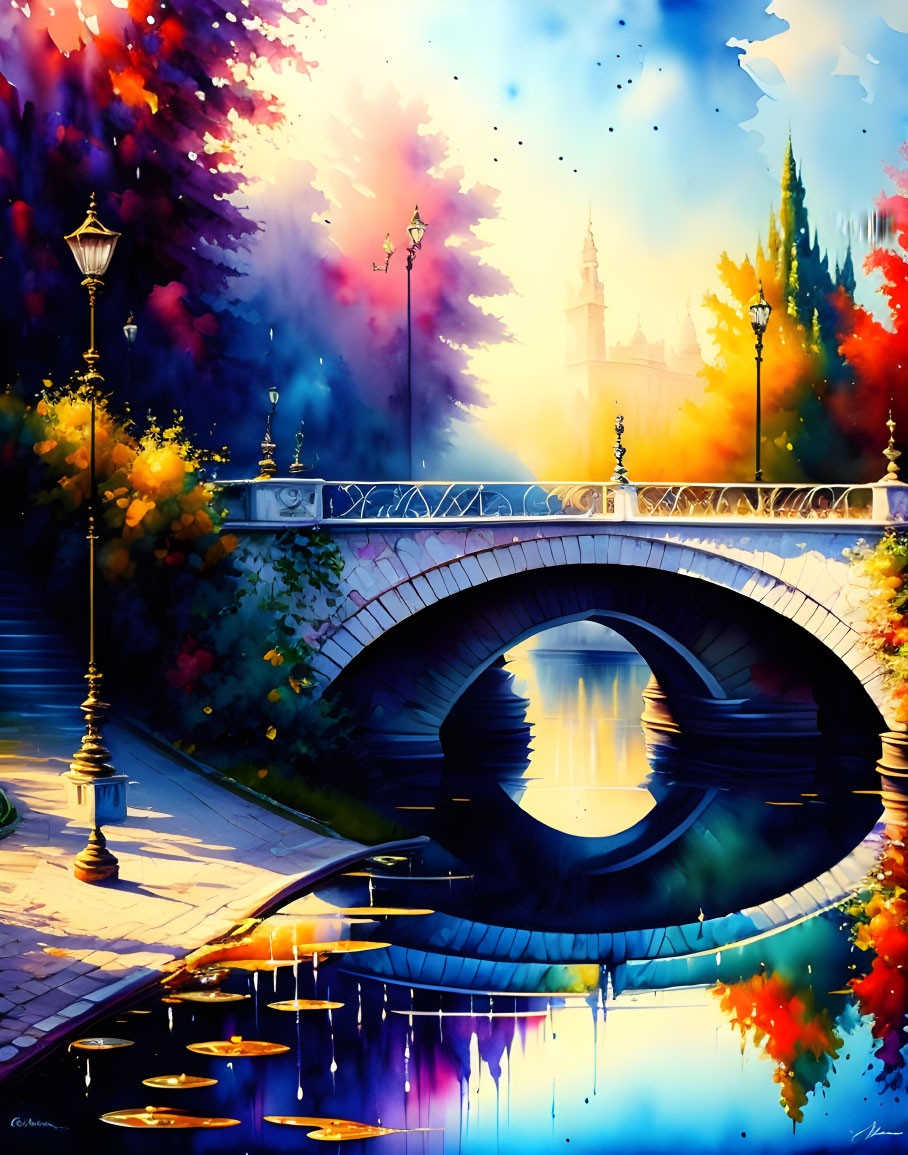 Scenic bridge painting with lush trees and cathedral against vibrant sky