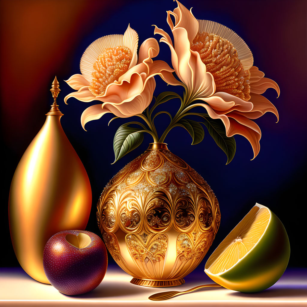 Golden vase, jug, fruit, and flowers on dark background