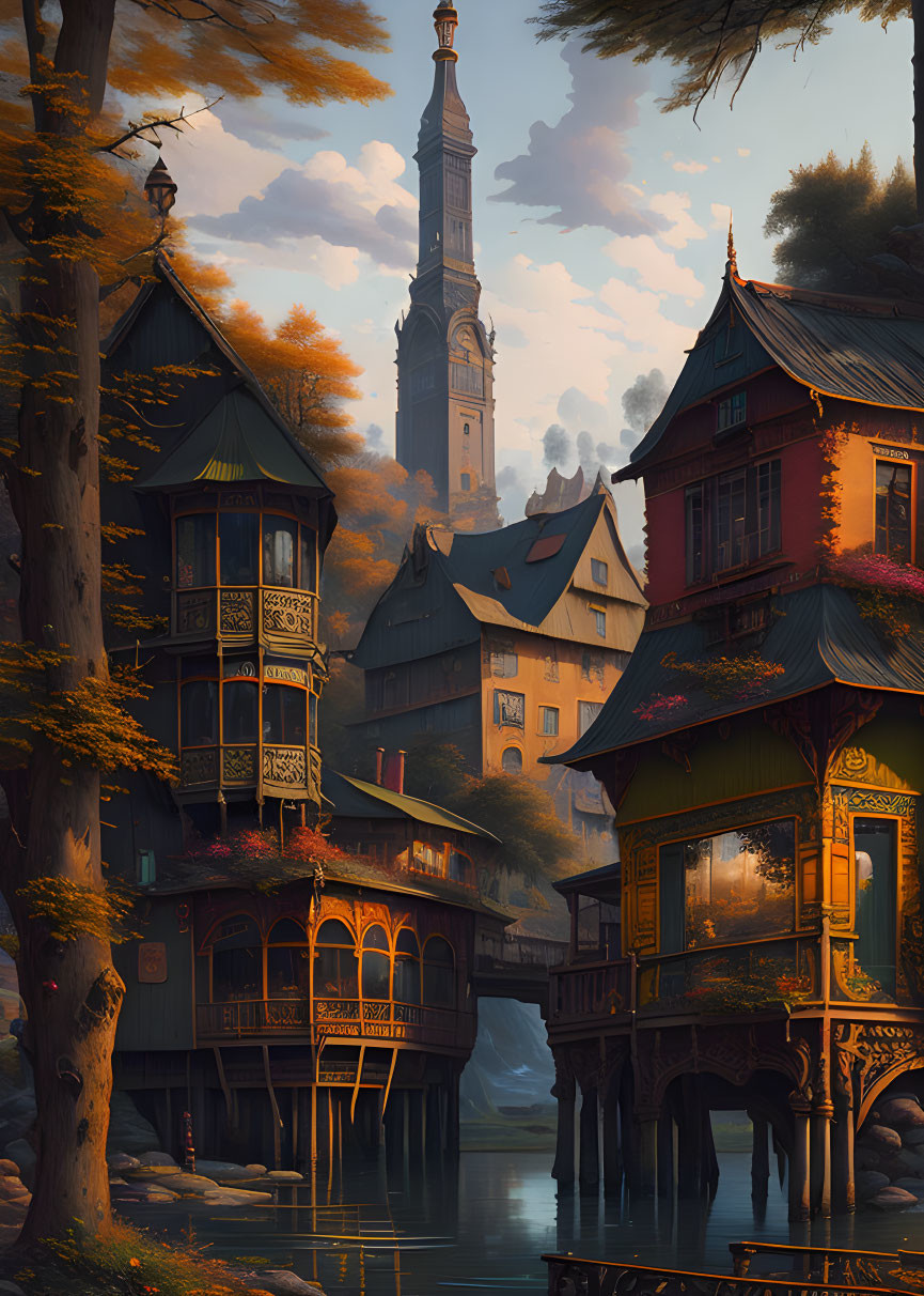 Traditional houses and spire in autumn riverside setting