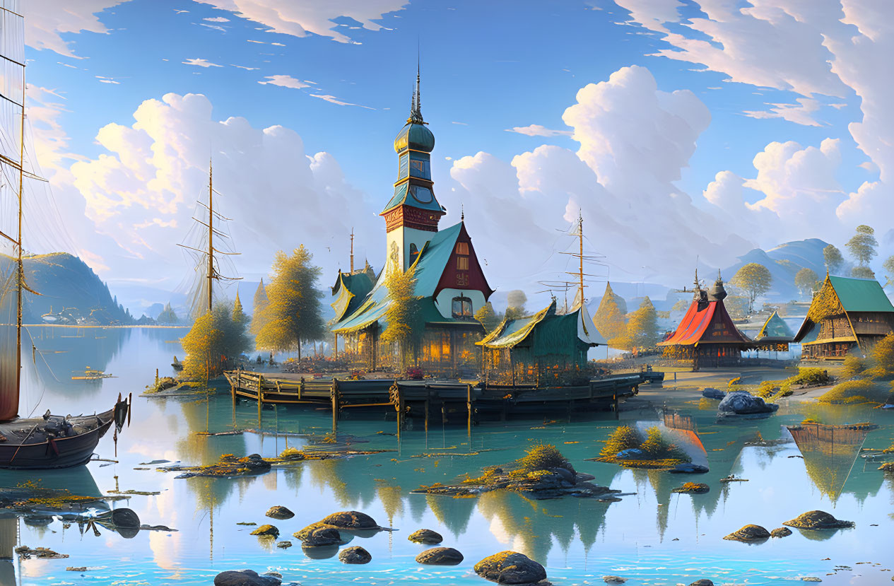 Tranquil lakeside village with church spire, sailboats, and traditional houses