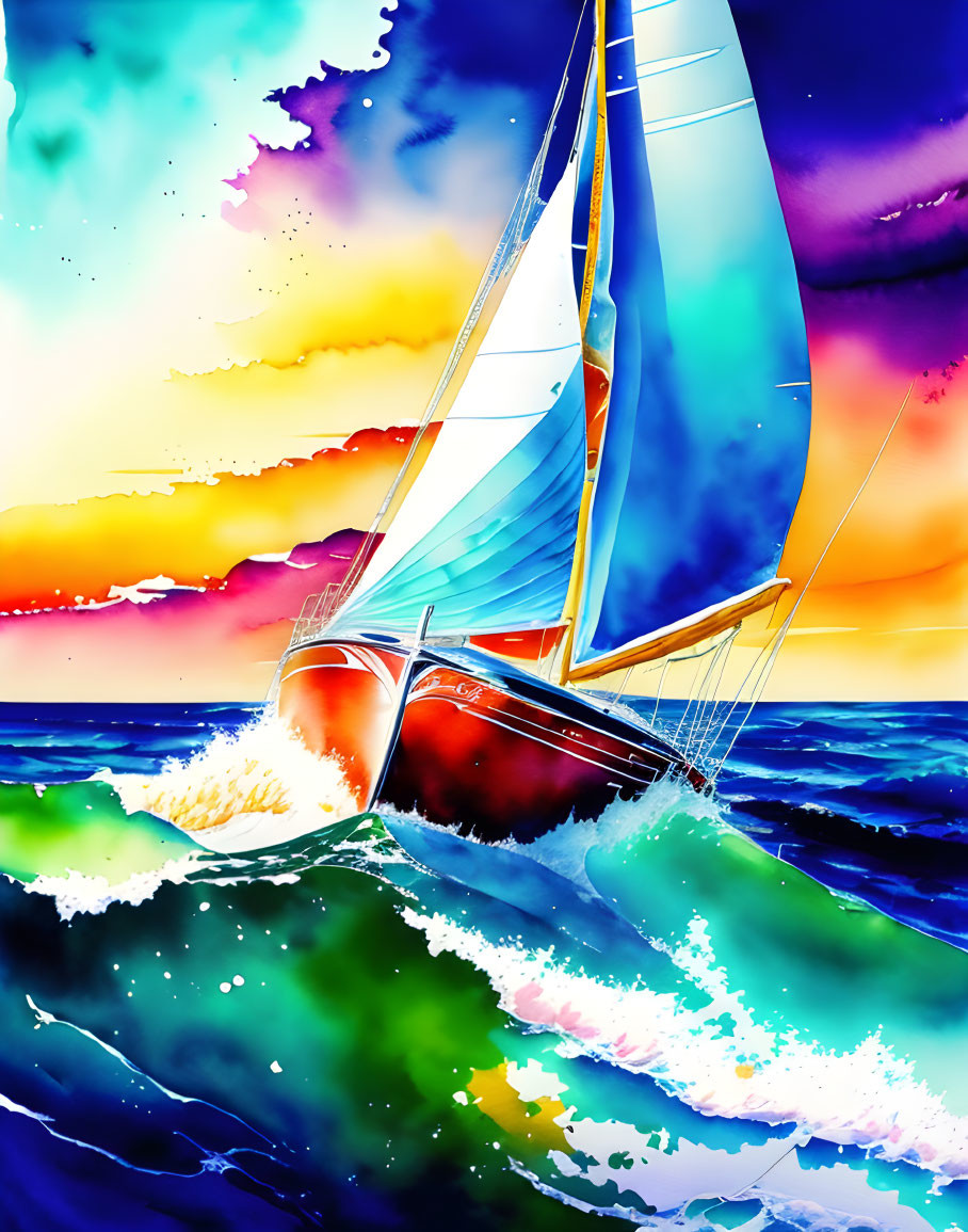 Colorful painting: Sailing boat on choppy seas at sunset