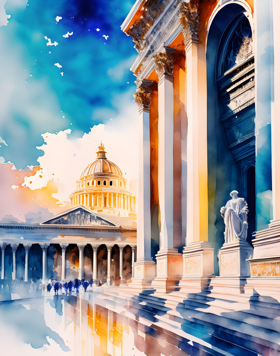 Watercolor painting of grand structure with columns, dome, statue, blue skies, and water reflections.