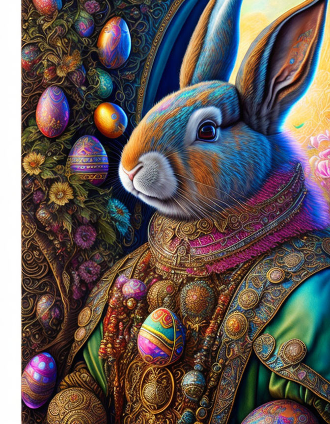 Colorful Rabbit Illustration with Ornate Costume, Eggs, and Foliage