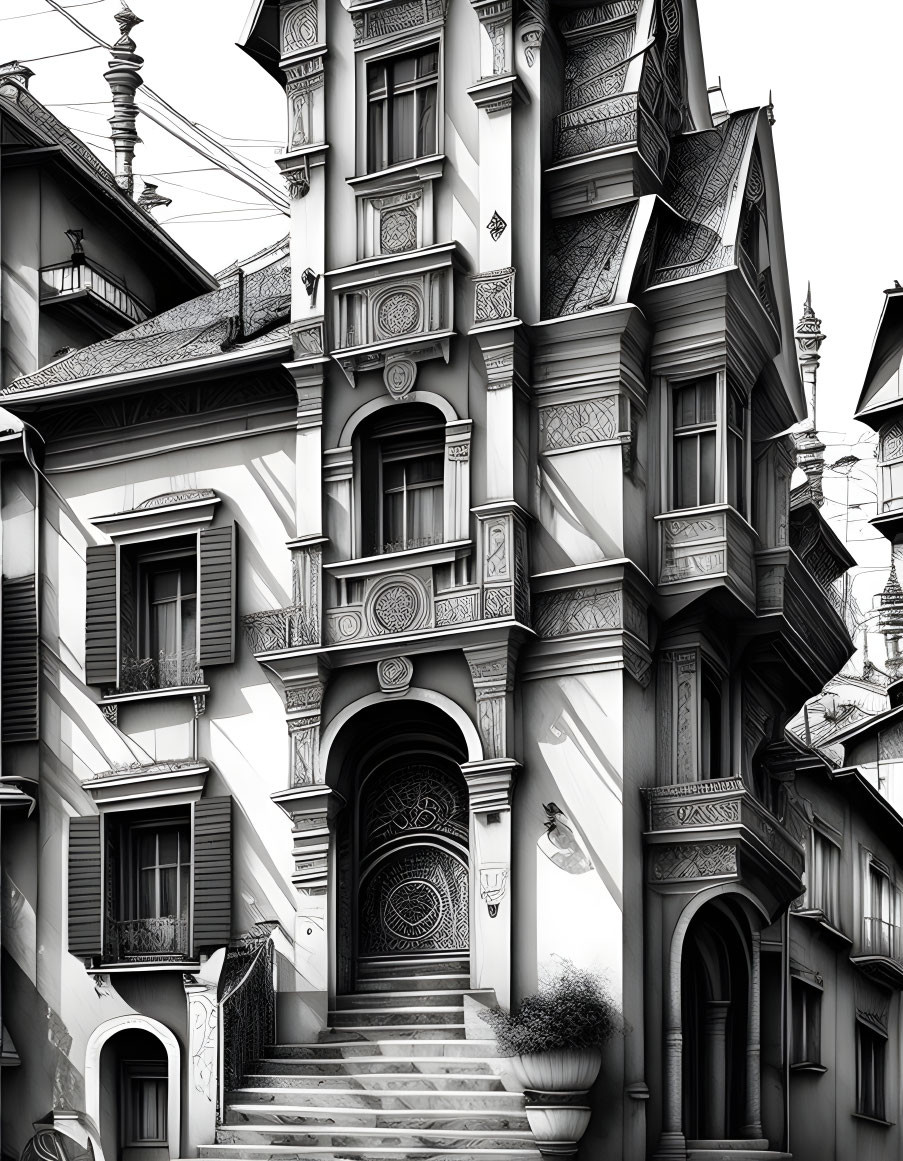 Monochrome image of intricate Victorian-style architecture