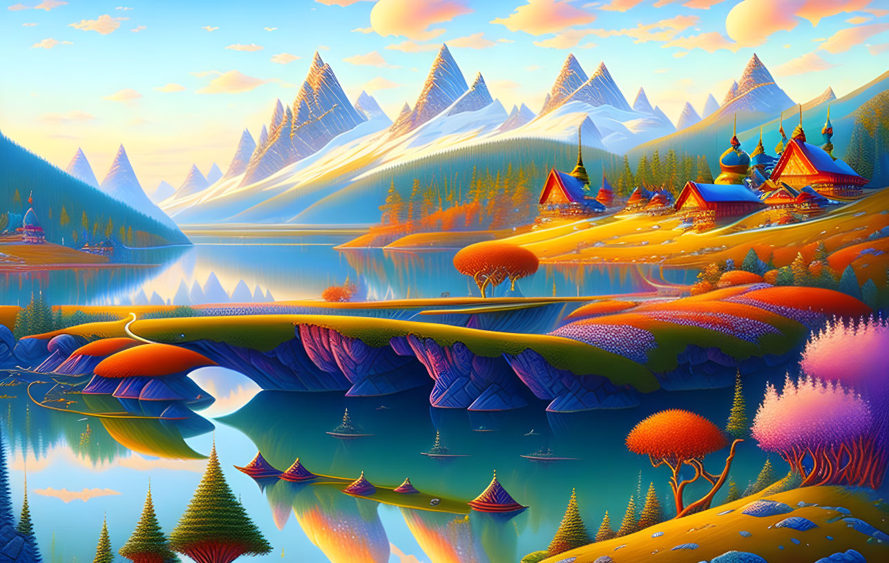 Colorful Fantasy Landscape with Mountains, Lake, Trees, Bridge, Sailboats, and Ornate Building