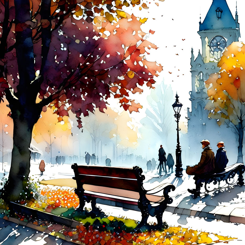 Vibrant autumn park scene with people, bench, streetlamp, city silhouette - watercolor painting