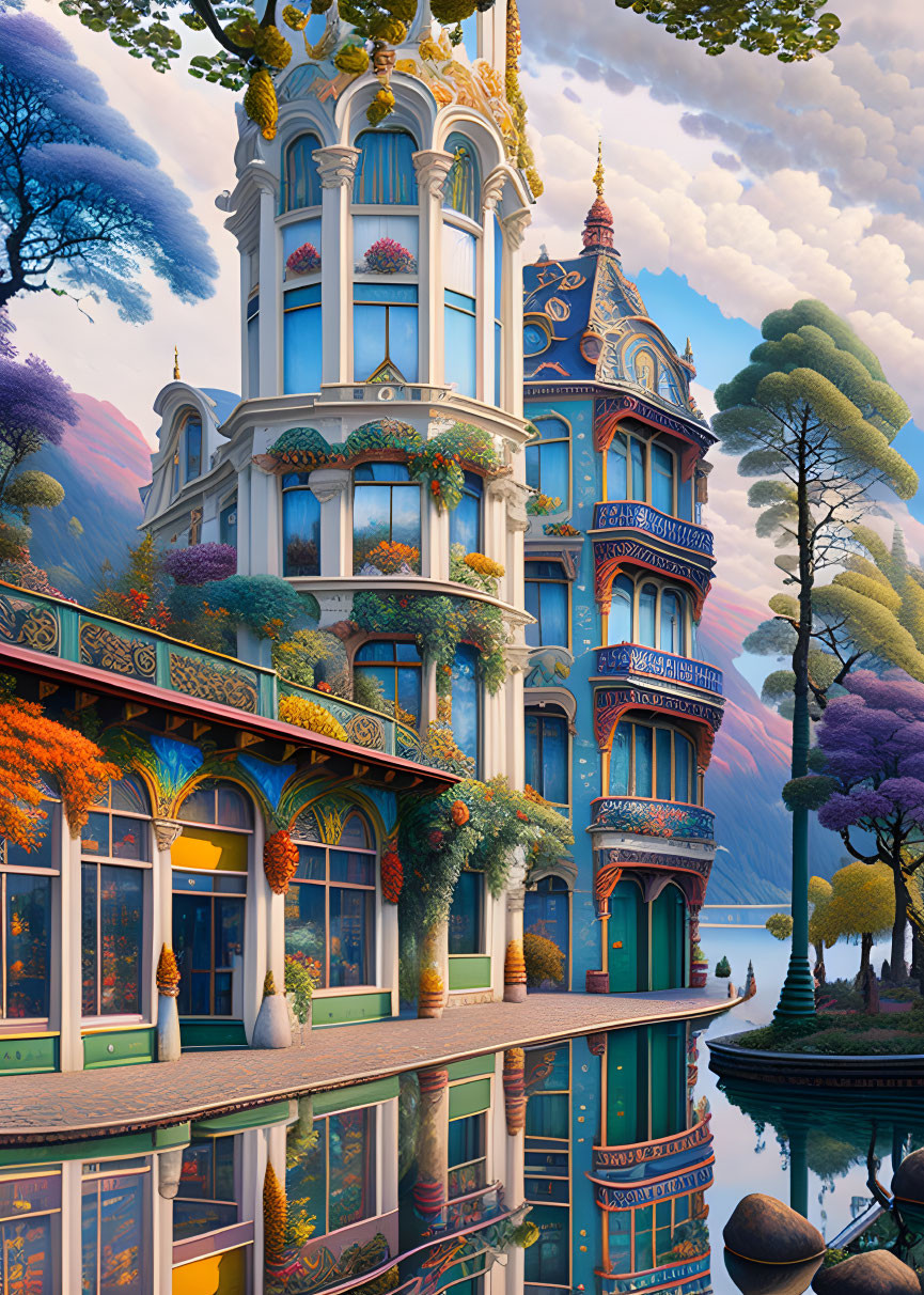 Elaborate building with balconies and towers in surreal landscape