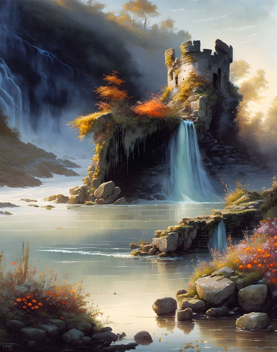 Tranquil landscape with ancient turret, waterfall, and autumn foliage