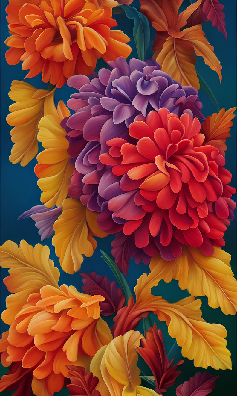 Colorful digital artwork featuring stylized flowers in orange, yellow, and purple on dark blue.