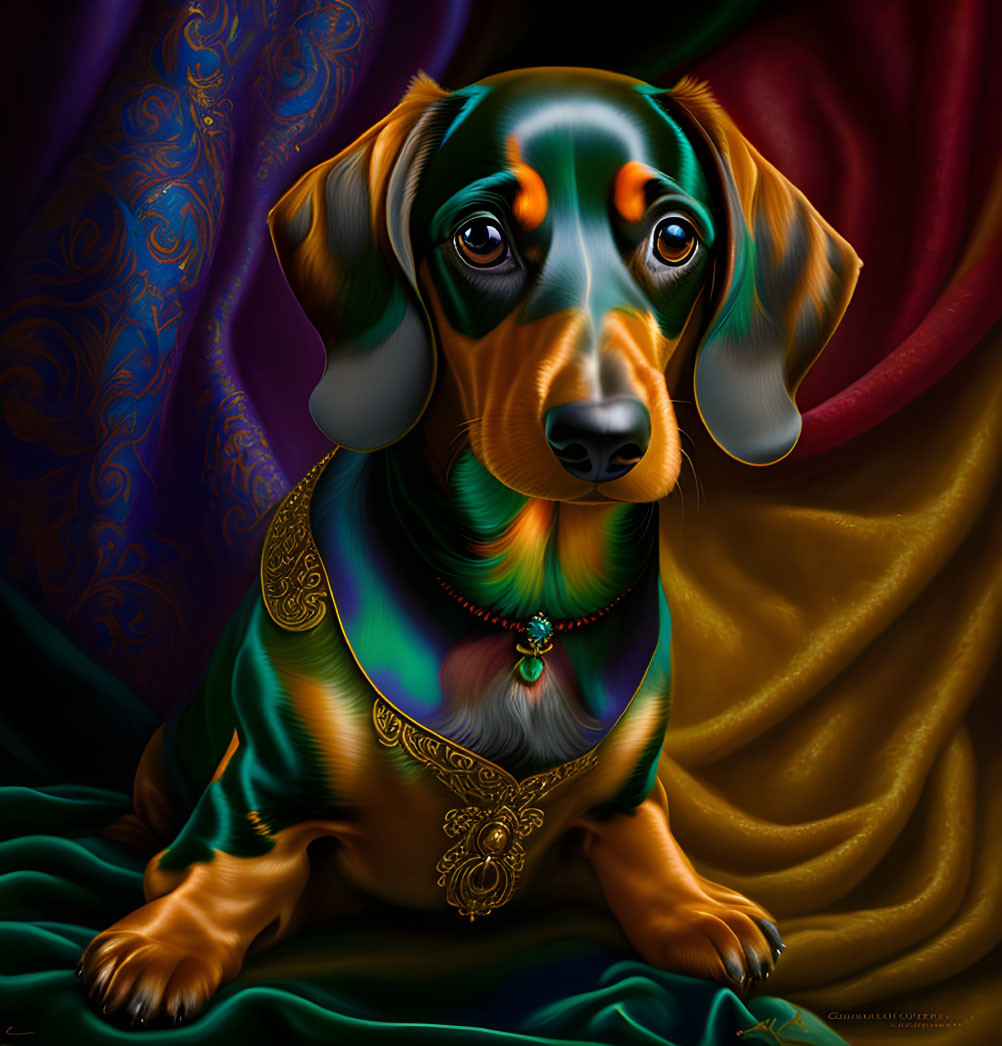 Colorful dachshund illustration in green and gold cloak against purple and red backdrop