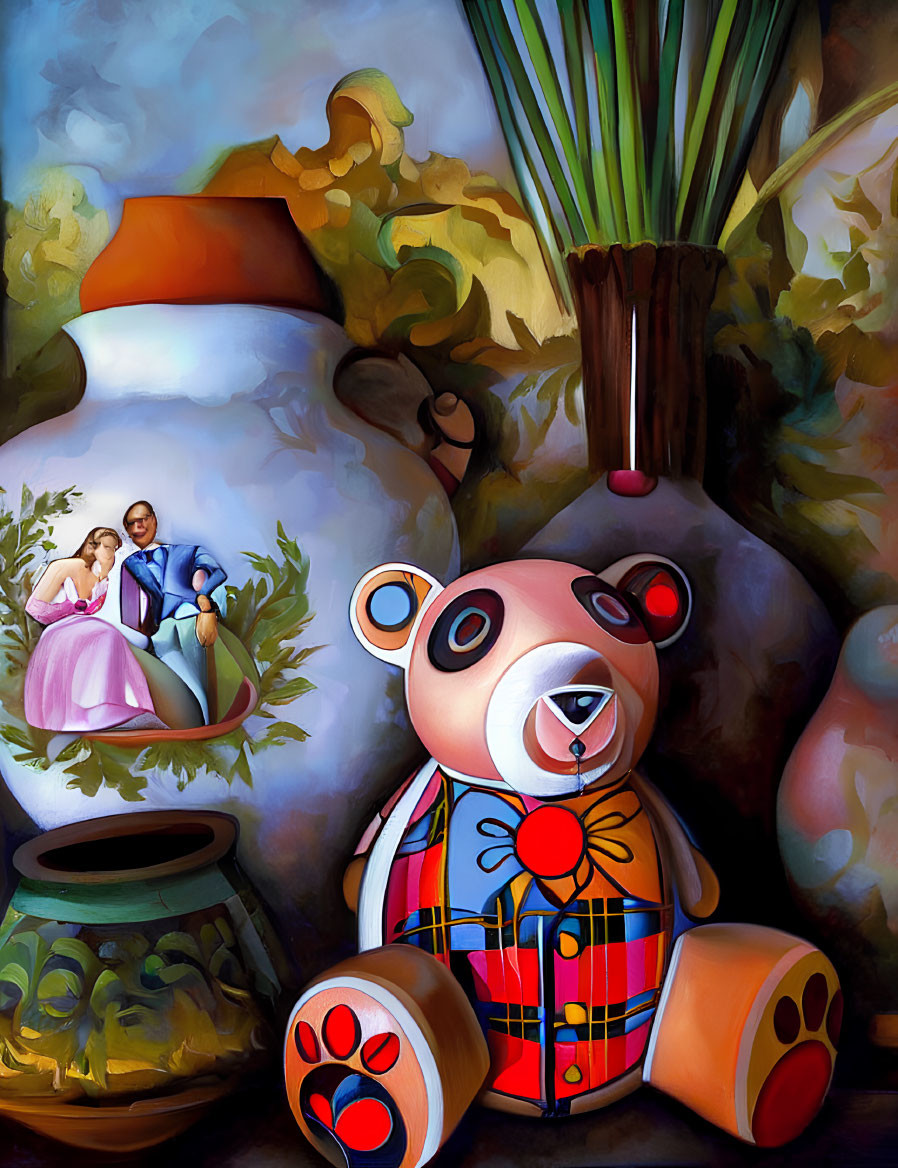 Colorful Teddy Bear, Whimsical Vases, Tiny Couple: Surreal Illustration