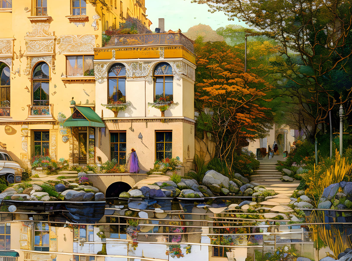 European-style buildings by calm river with bridge, people walking on sunny day