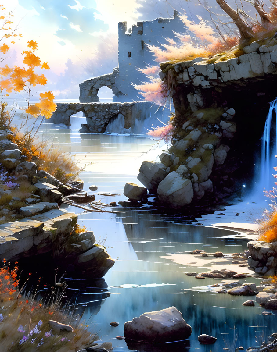 Serene autumnal fantasy landscape with river, stone bridge, ruins, fall foliage, and waterfalls