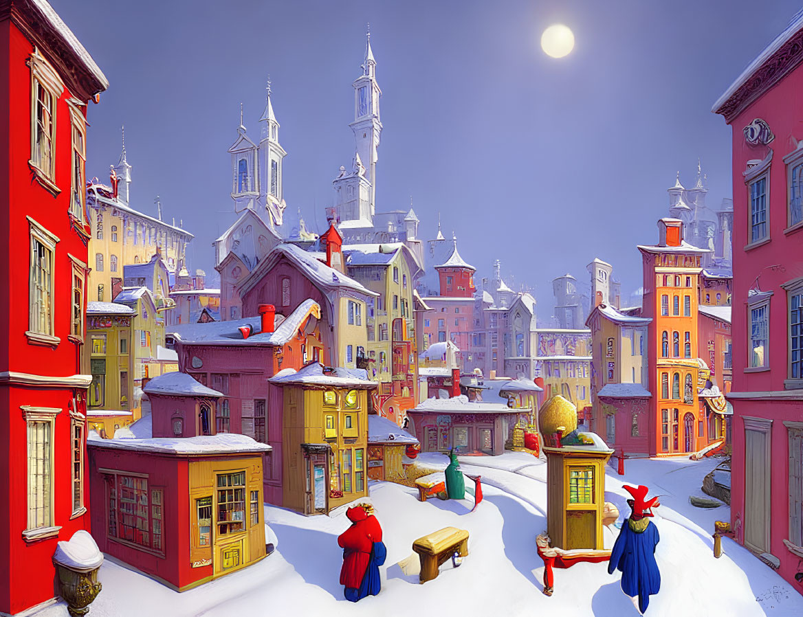 Whimsical snow-covered town with vibrant buildings and cartoonish characters