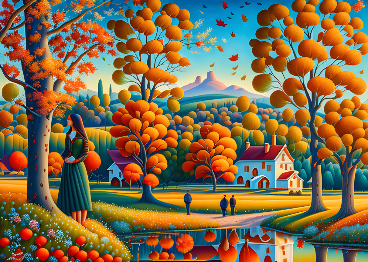 Colorful painting of woman by lake with autumn trees & cottage