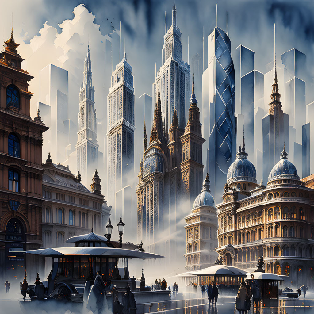 Futuristic cityscape with classical and modern architecture under hazy sky