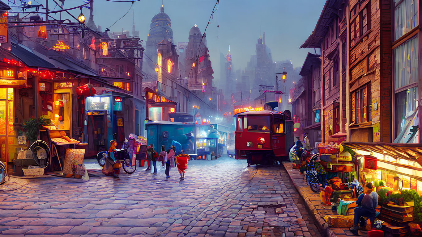 Vibrant Twilight Street Scene with People, Shops, Tram, and Bus