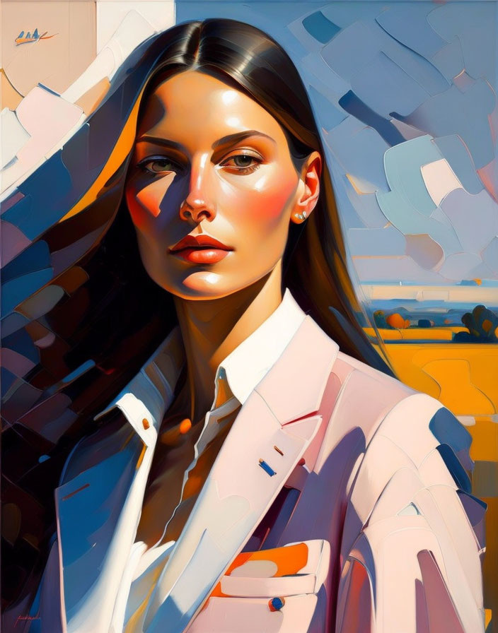 Stylized portrait of a woman in white shirt on abstract geometric background