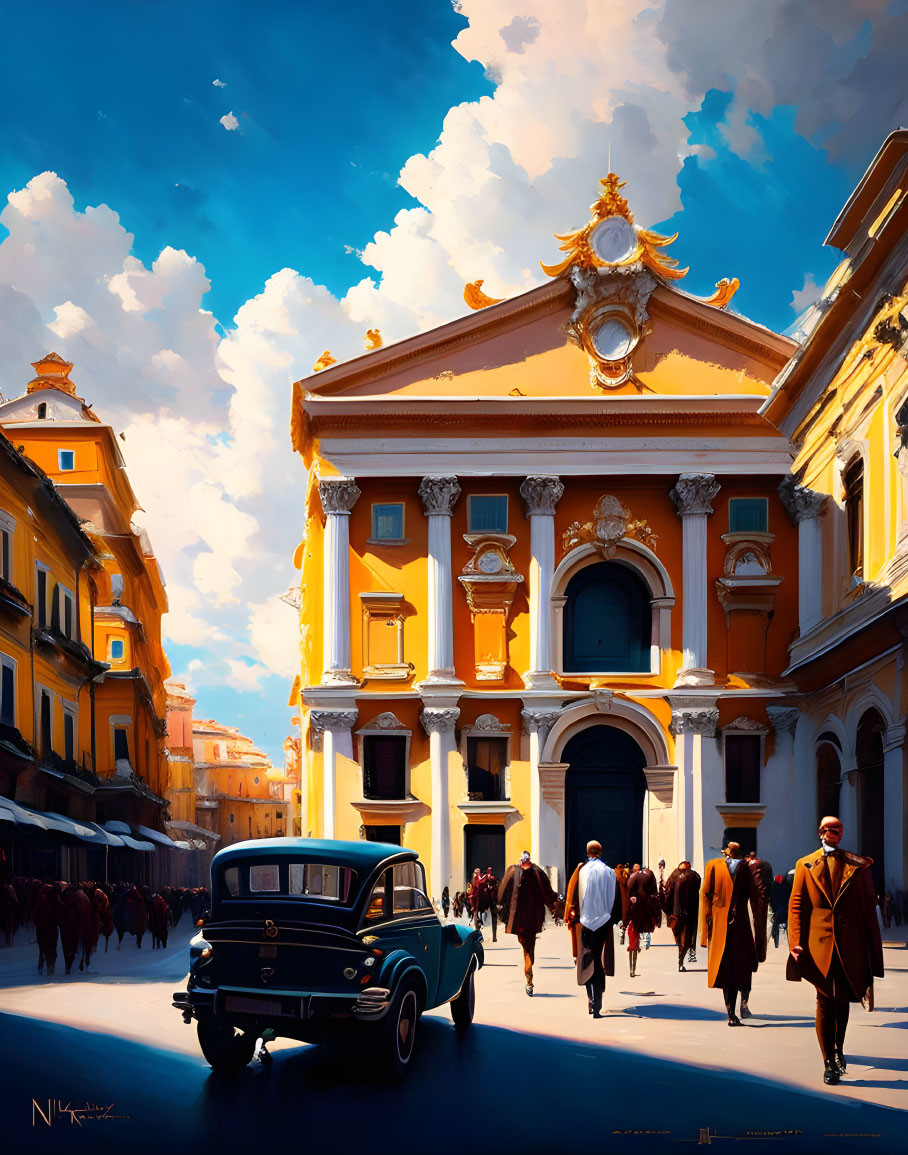 Illustration of sunlit square with people in suits, vintage car, ornate golden-yellow building