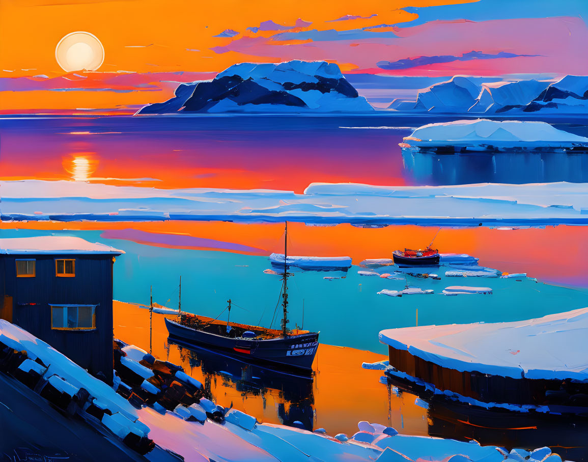 Colorful Polar Scene with Boats, Ice Floes, and Silhouetted Mountains