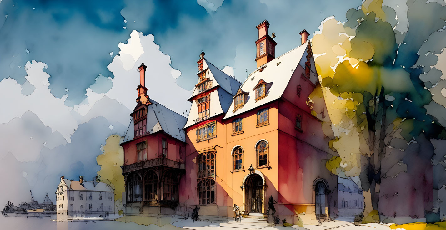 European-style building watercolor illustration under bright sky