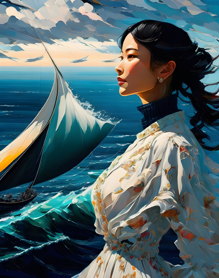 Black-Haired Woman Gazes at Sea with Sailing Boat in Distance