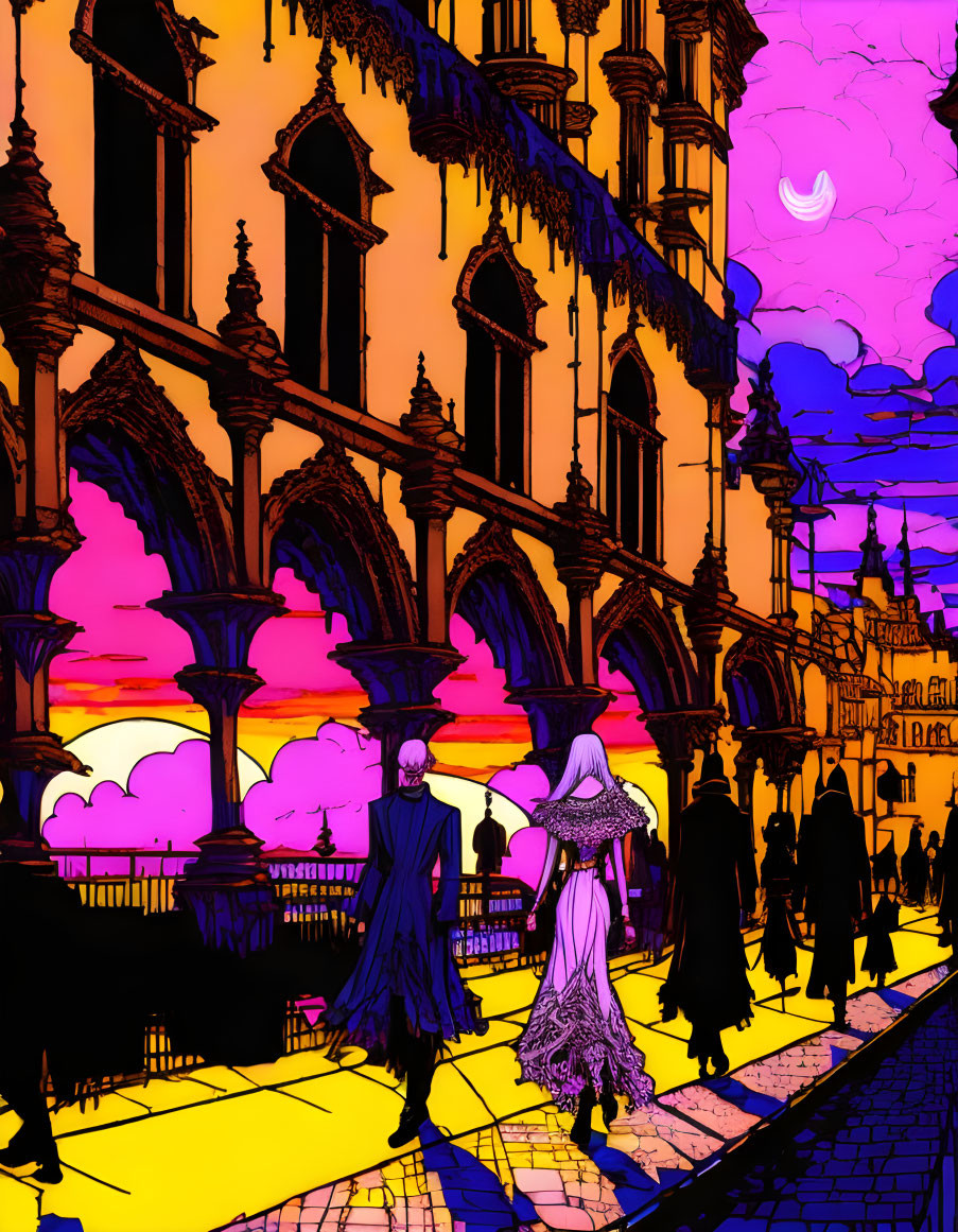 Vibrant stylized image of people in elegant attire with gothic architecture backdrop under pink and purple