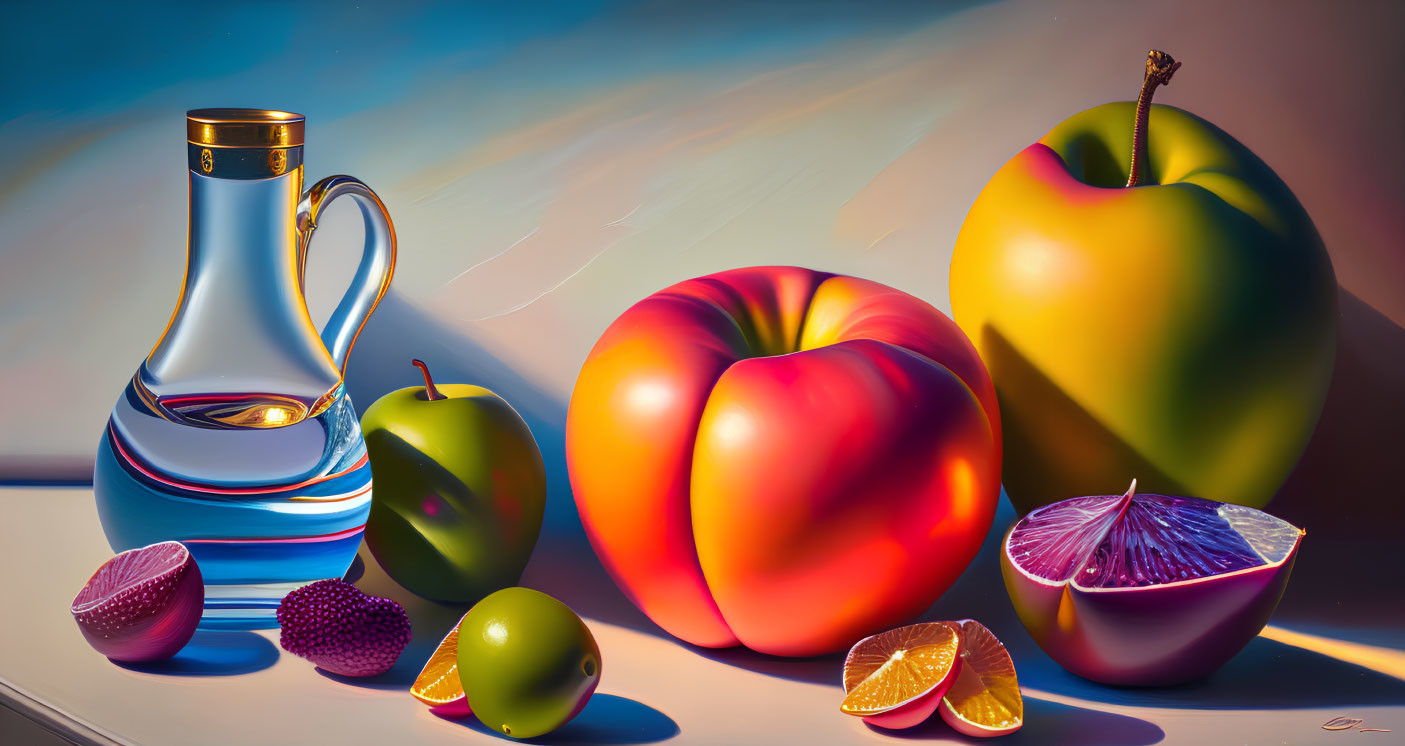 Vibrant still life painting with glass decanter, fruits, and detailed reflections