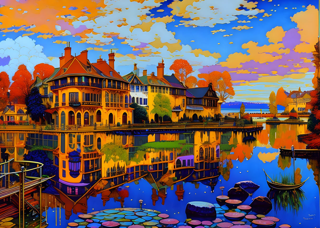 Colorful European-style houses by calm river at dusk