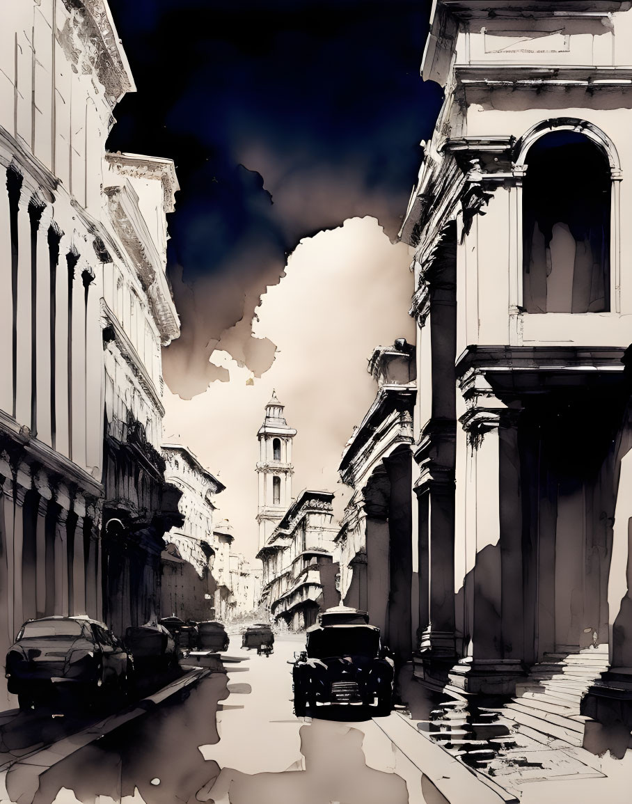 Sepia-Toned Street Scene Illustration with Classic Cars and Architecture