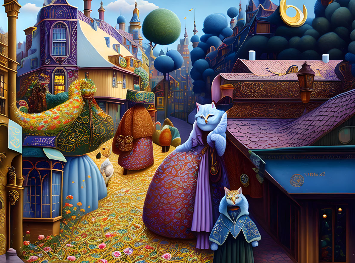 Whimsical anthropomorphic cats in vibrant townscape