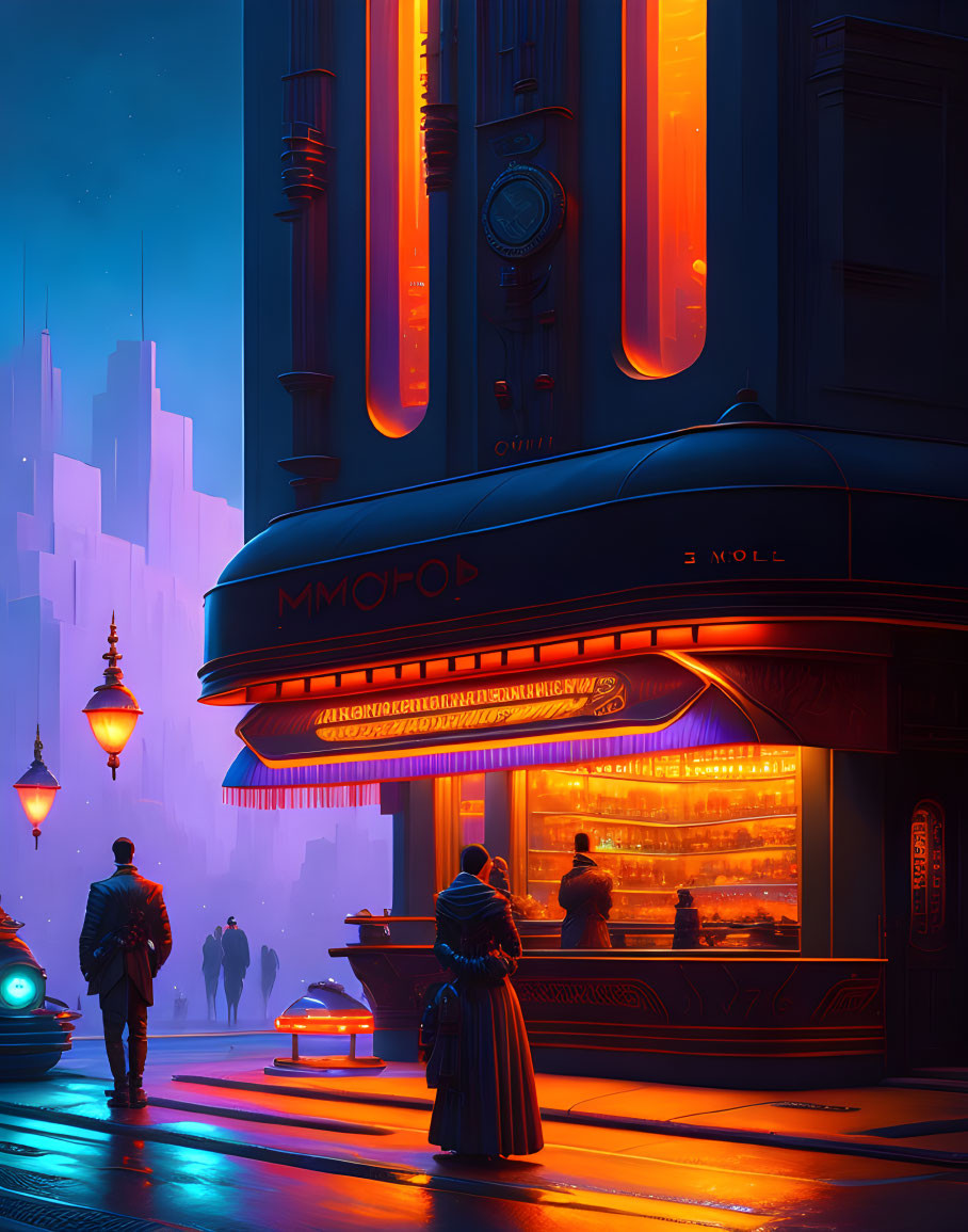 Futuristic neon-lit city scene at dusk with people and robot near "MMOHOB