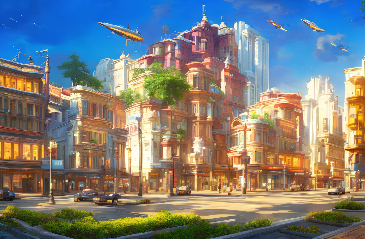 Cityscape blending classical and futuristic architecture with flying vehicles on sunlit streets