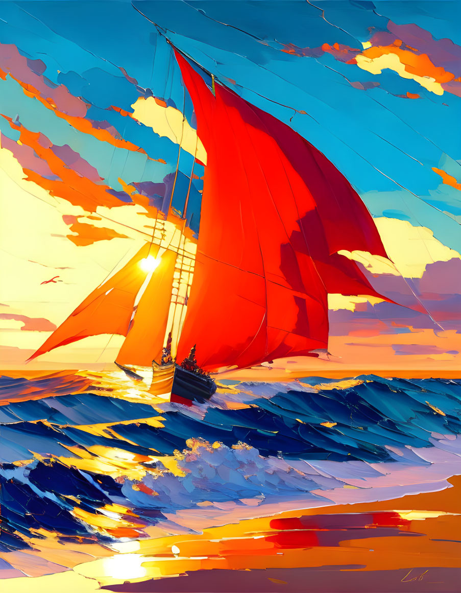 Colorful sailboat painting under sunset sky.