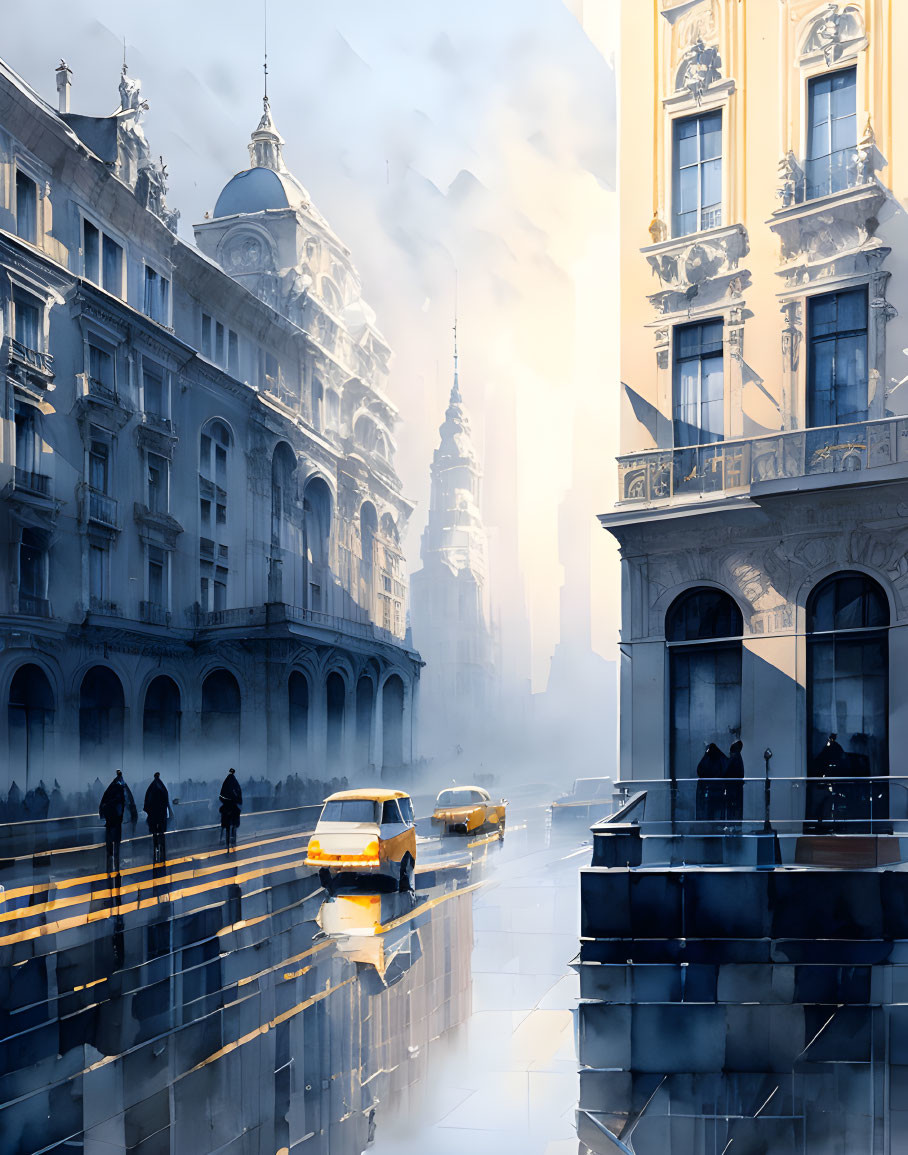 Golden sunlight illuminating misty city streets with silhouettes, yellow taxis, and classical architecture.