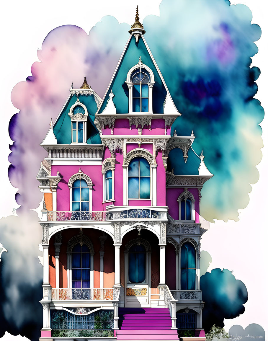 Vibrant Victorian-style house in pink and purple hues