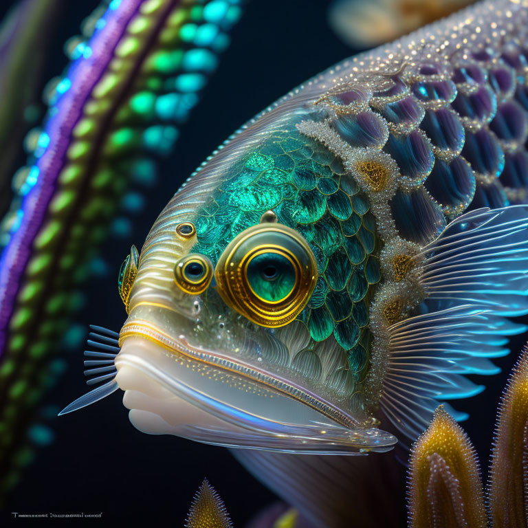 Colorful Tropical Fish with Intricate Patterns and Prominent Eyes in Coral Setting