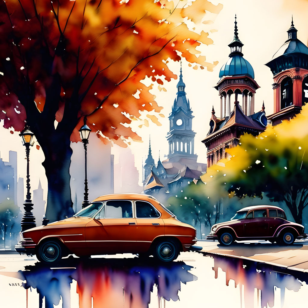 Colorful street scene with vintage cars and autumn foliage in digital art