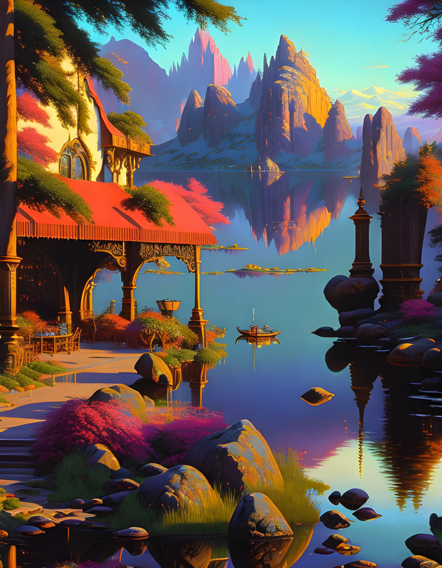 Tranquil fantasy landscape with river, flora, mountains, boat, and gazebo