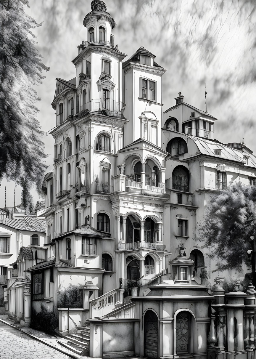 Detailed drawing of classic European-style building with balconies and tower