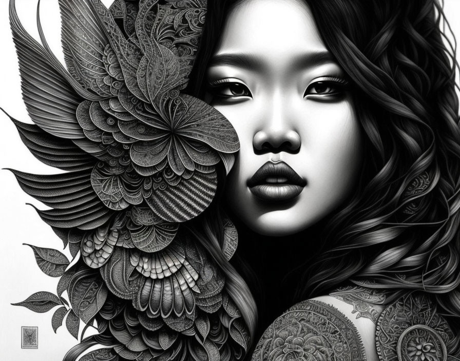 Monochrome digital art: Woman with floral patterns in hair and clothing