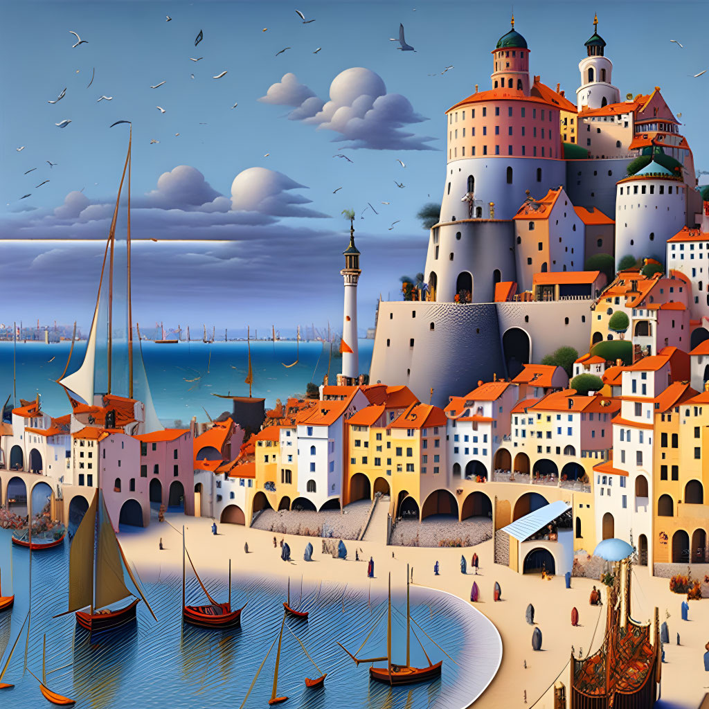 Vibrant seaside town with grand castle, boats, and people under serene sky