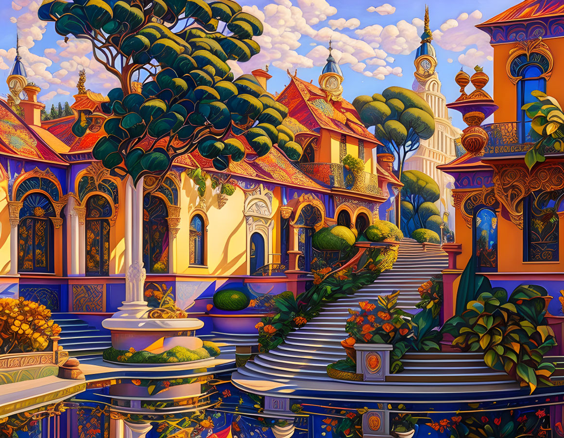 Colorful whimsical estate painting with ornate buildings and grand staircase