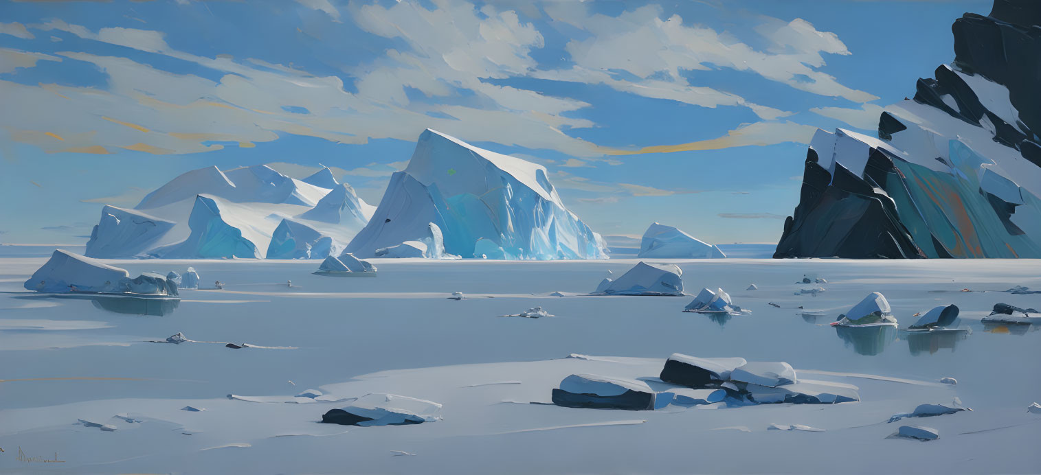 Tranquil Polar Landscape with Icebergs and Floating Icechunks