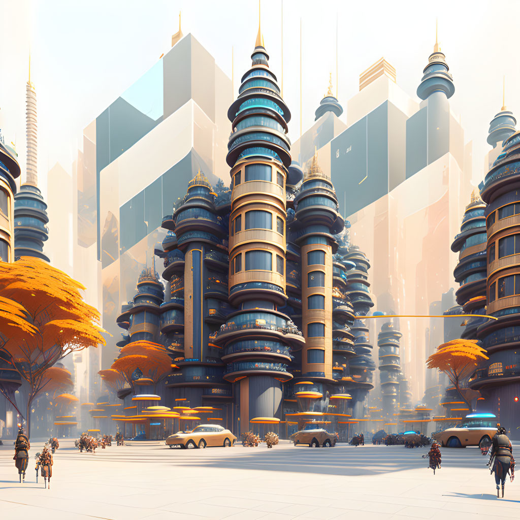 Layered cylindrical towers in futuristic cityscape with orange foliage, pedestrians, and vehicles under bright sky