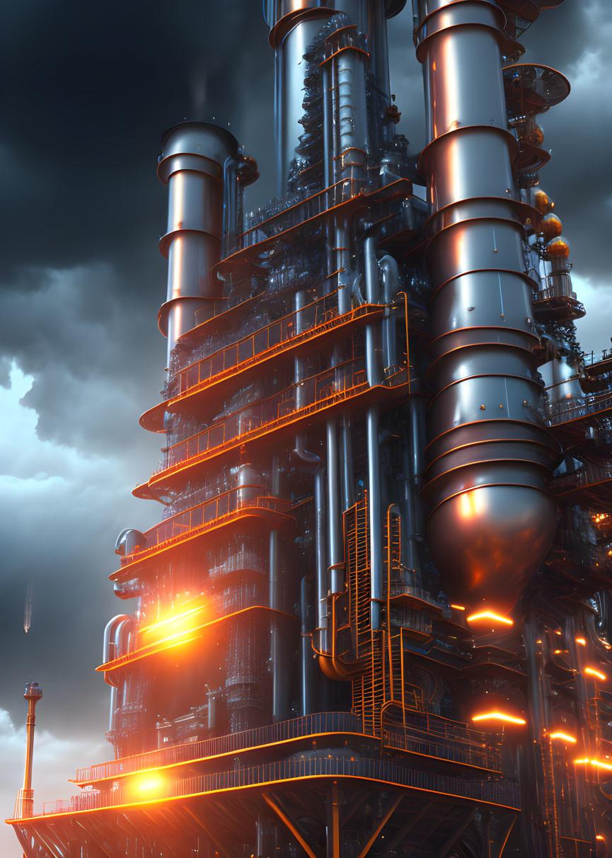 Futuristic industrial complex with towering structures and glowing lights